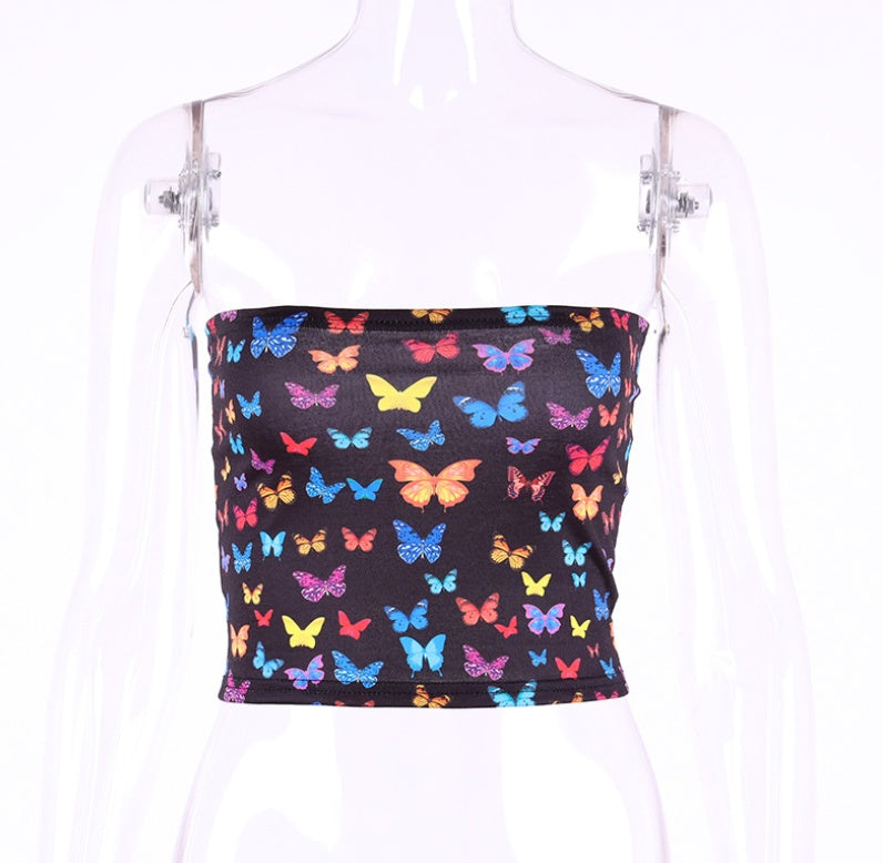 One-word collar butterfly print wrapped chest T-shirt vest female