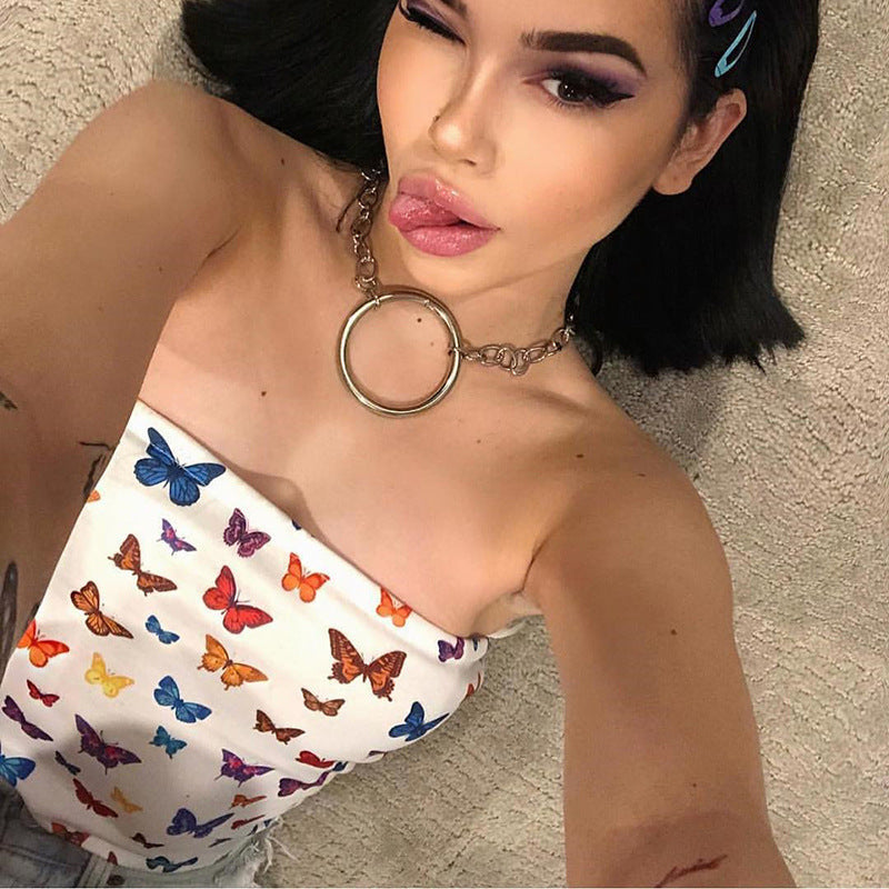 One-word collar butterfly print wrapped chest T-shirt vest female
