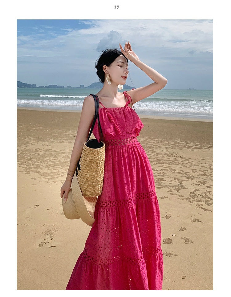 Real Shot Ruffled Stitching Heavy Industry Sling Dress Vacation