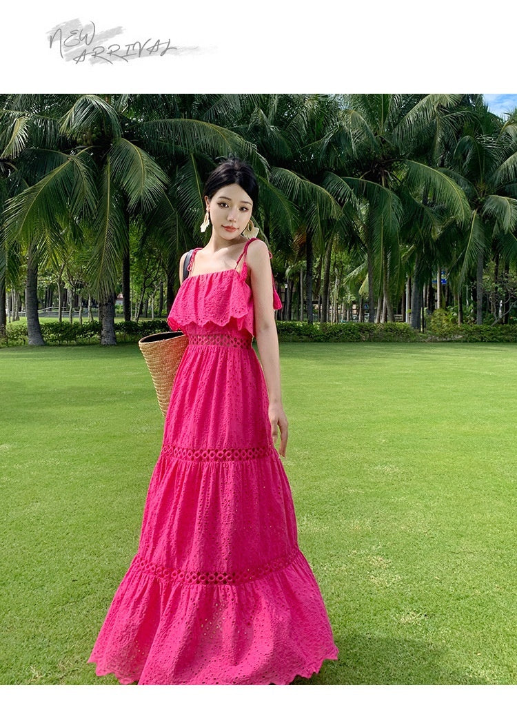 Real Shot Ruffled Stitching Heavy Industry Sling Dress Vacation
