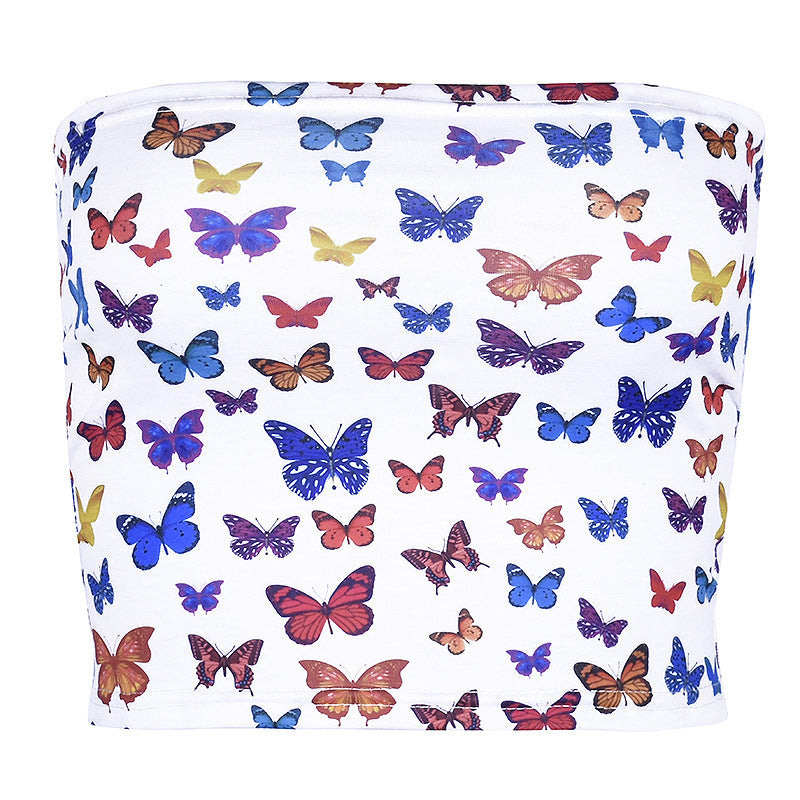One-word collar butterfly print wrapped chest T-shirt vest female