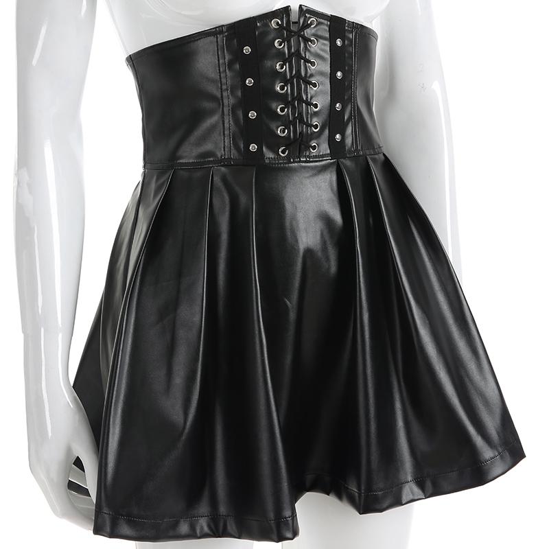 Korean Fashion Women's Synthetic Leather Bandage Design Mini Pleated Skirts