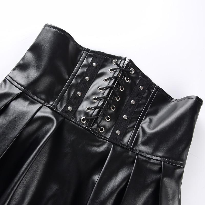 Korean Fashion Women's Synthetic Leather Bandage Design Mini Pleated Skirts
