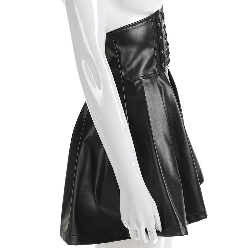 Korean Fashion Women's Synthetic Leather Bandage Design Mini Pleated Skirts