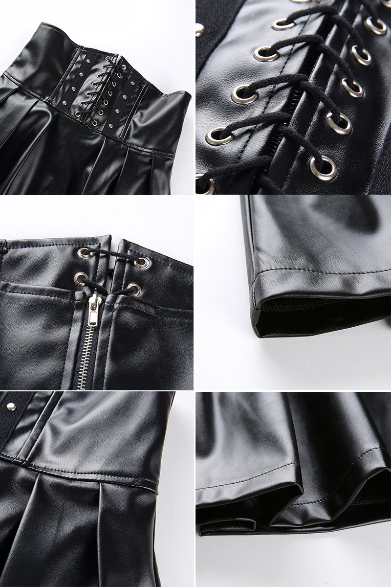 Korean Fashion Women's Synthetic Leather Bandage Design Mini Pleated Skirts
