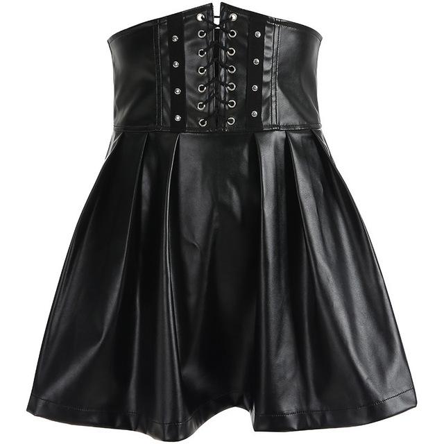 Korean Fashion Women's Synthetic Leather Bandage Design Mini Pleated Skirts