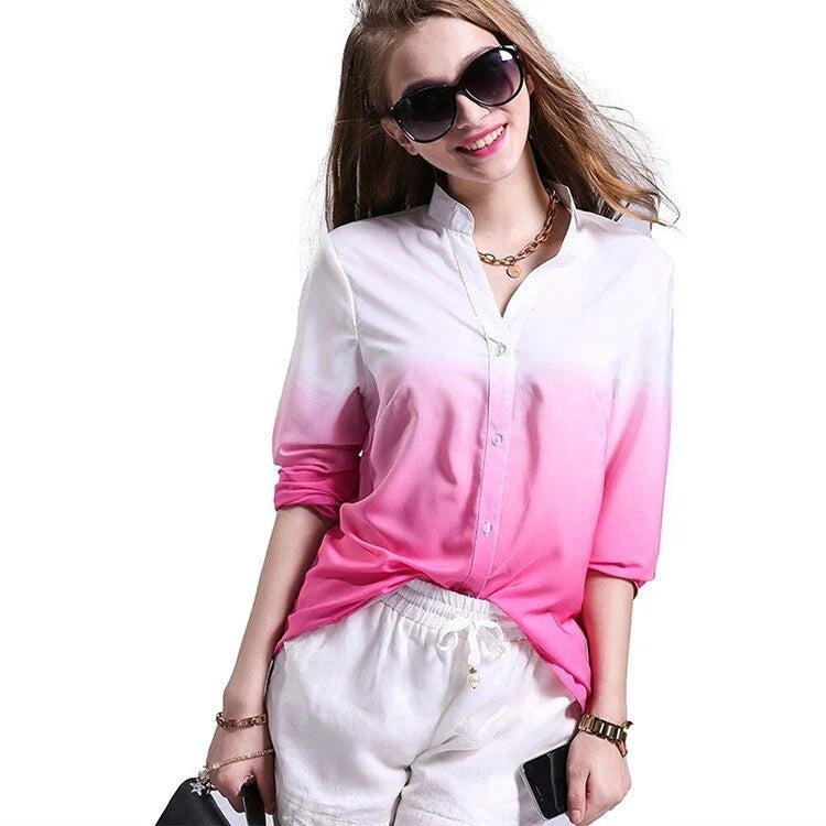 Long Sleeved V Neck Casual Fashion Women’s Gradient Color Blouse Tops
