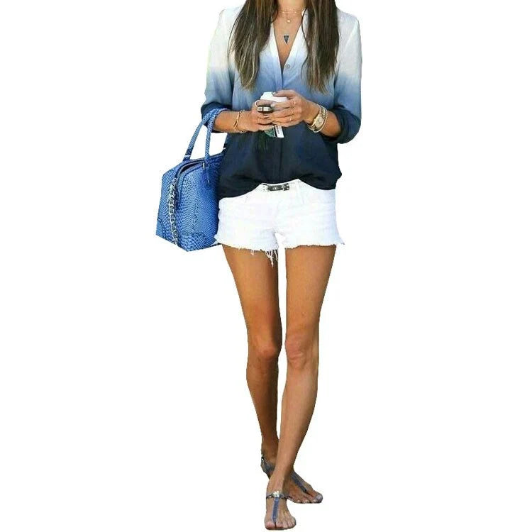 Long Sleeved V Neck Casual Fashion Women’s Gradient Color Blouse Tops