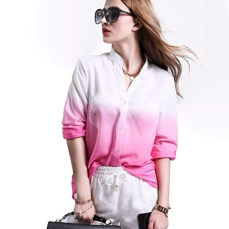 Long Sleeved V Neck Casual Fashion Women’s Gradient Color Blouse Tops