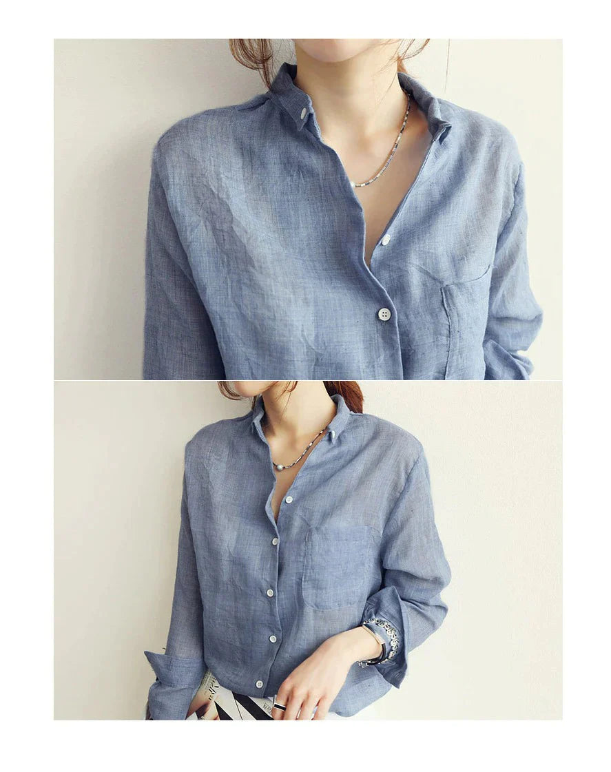 Long-Sleeved White Linen Korean Casual Female Blouse Tops for Autumn