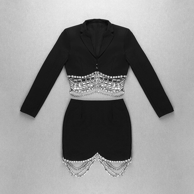 Women's Diamond Strass Chain Beaded Short Blazer Skirt Two-Piece Set