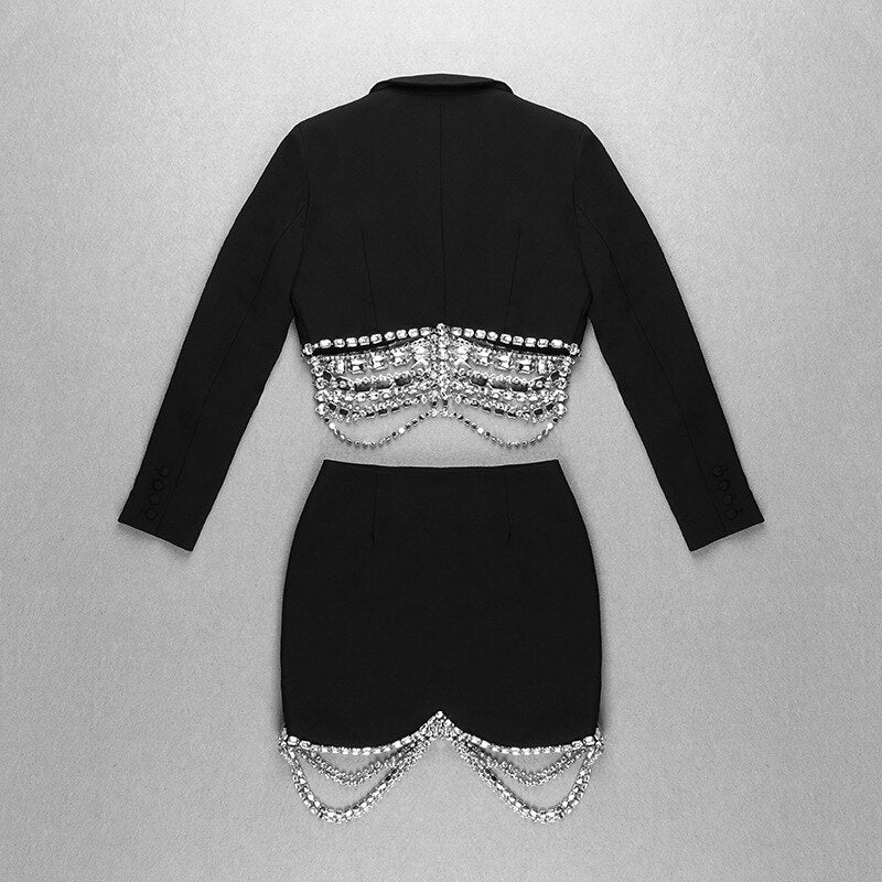 Women's Diamond Strass Chain Beaded Short Blazer Skirt Two-Piece Set