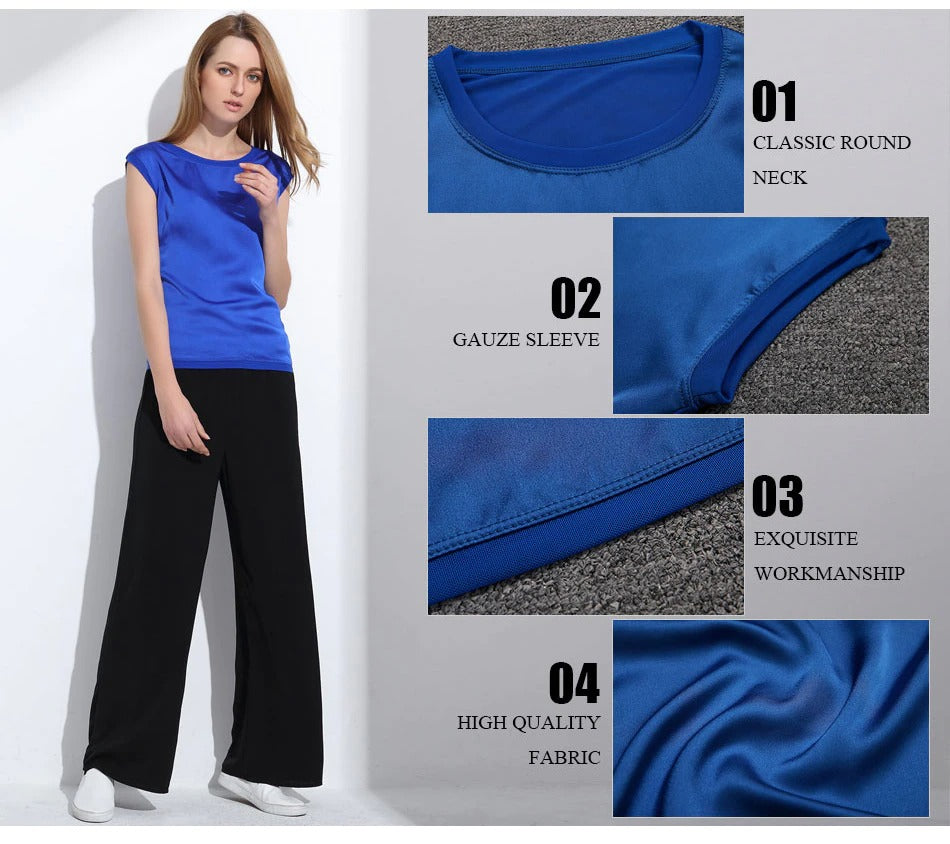 Slim Sleeveless Casual Chiffon Silk Women O Neck Blouses for Summer