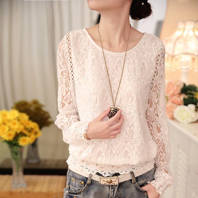 Summer Ladies White Long Sleeve Chiffon Lace Crochet Top Blouses