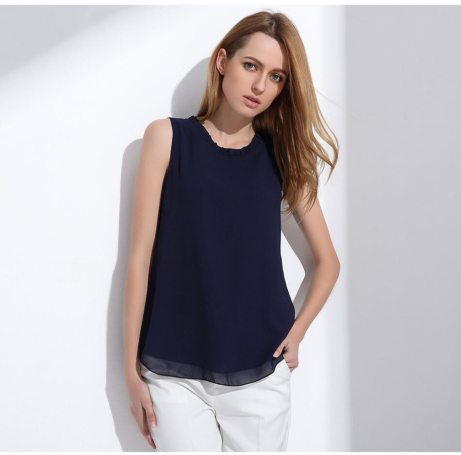 White Elegant Ruffle Sleeveless Women’s Casual Blouse Tops for Summer