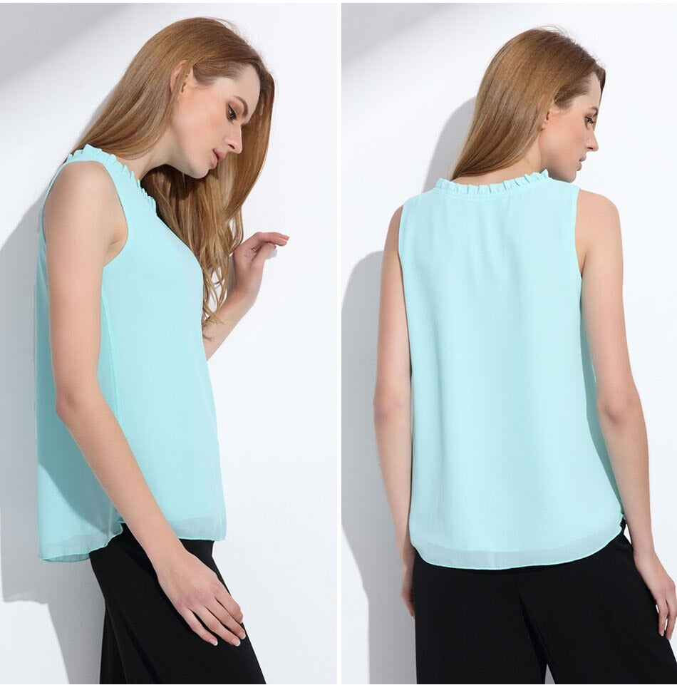 White Elegant Ruffle Sleeveless Women’s Casual Blouse Tops for Summer