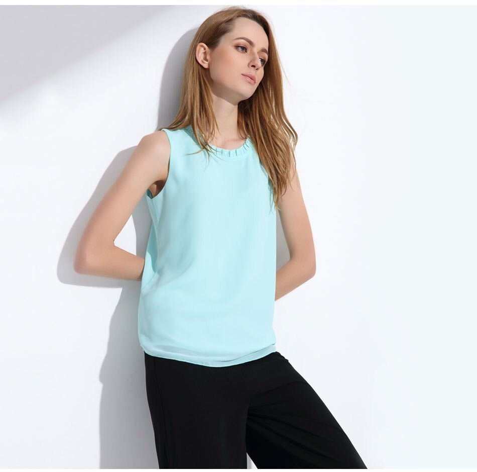 White Elegant Ruffle Sleeveless Women’s Casual Blouse Tops for Summer