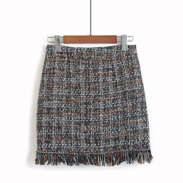 Winter Autumn Woollen Plaid Straight Mini Skirt in Vintage Style for Women