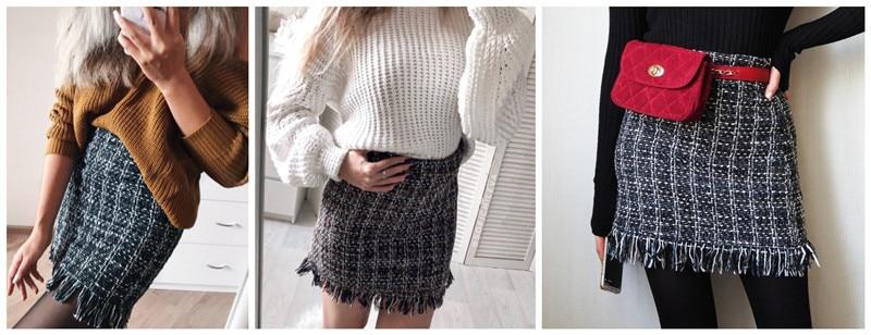 Winter Autumn Woollen Plaid Straight Mini Skirt in Vintage Style for Women