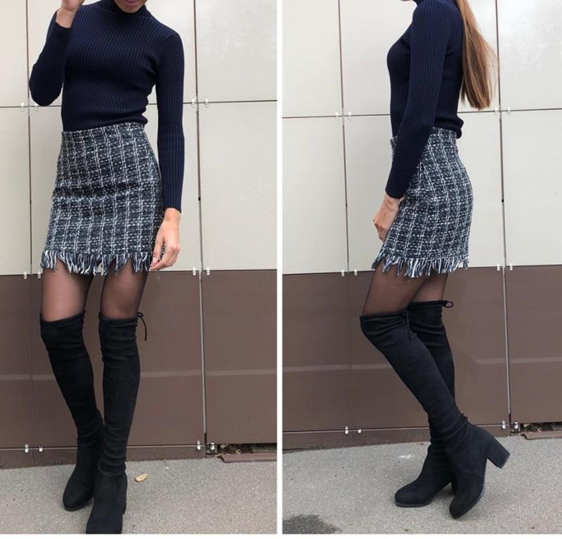 Winter Autumn Woollen Plaid Straight Mini Skirt in Vintage Style for Women