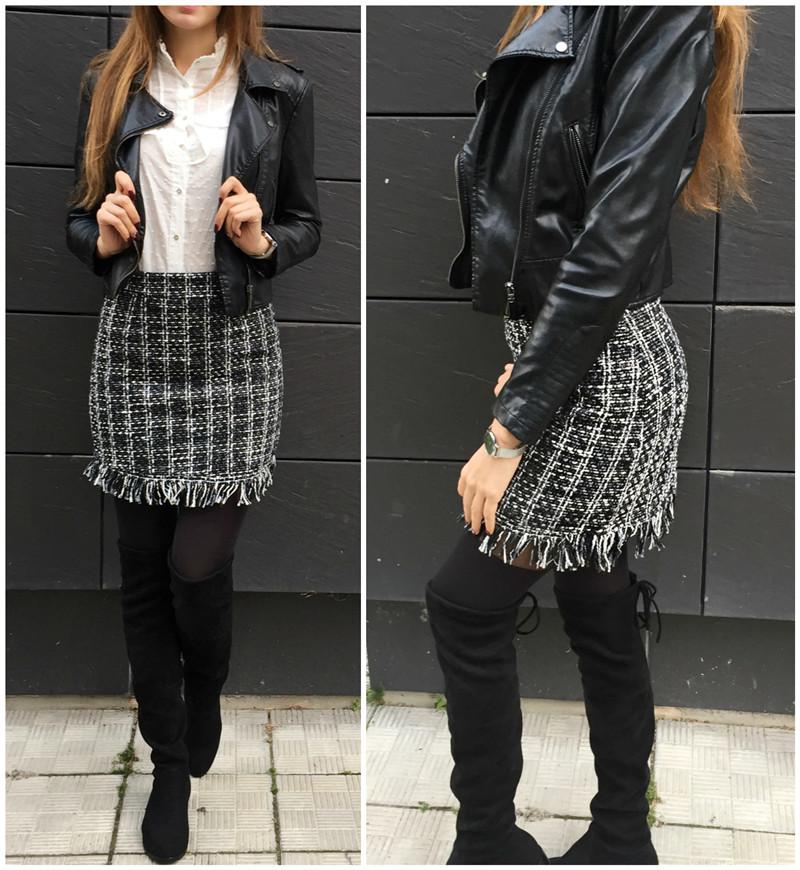 Winter Autumn Woollen Plaid Straight Mini Skirt in Vintage Style for Women