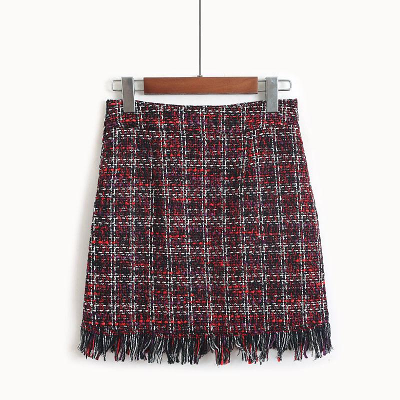 Winter Autumn Woollen Plaid Straight Mini Skirt in Vintage Style for Women