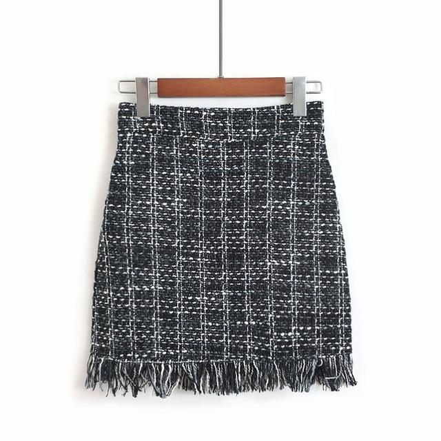Winter Autumn Woollen Plaid Straight Mini Skirt in Vintage Style for Women