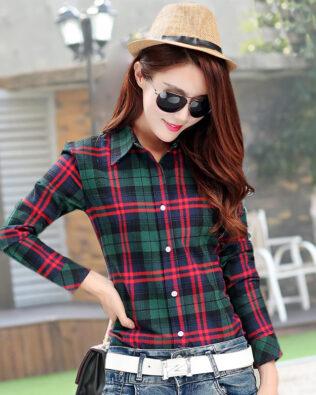 Women's Casual Lapel Plus Size Long Sleeve Plaid Checks Flannel Shirt