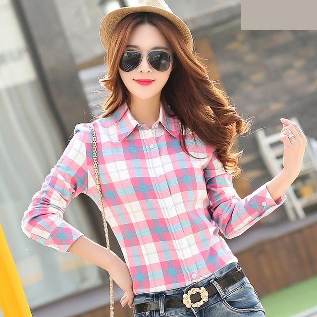 Women's Casual Lapel Plus Size Long Sleeve Plaid Checks Flannel Shirt