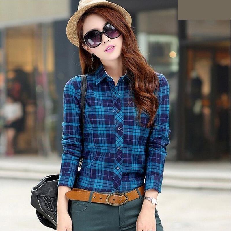 Women's Casual Lapel Plus Size Long Sleeve Plaid Checks Flannel Shirt