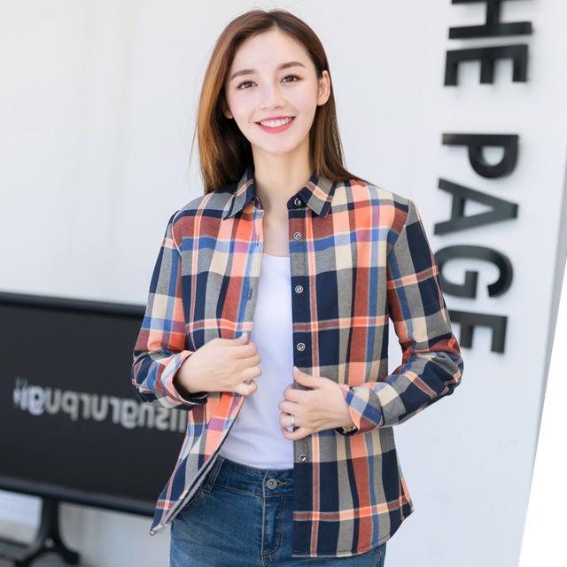 Women's Casual Lapel Plus Size Long Sleeve Plaid Checks Flannel Shirt