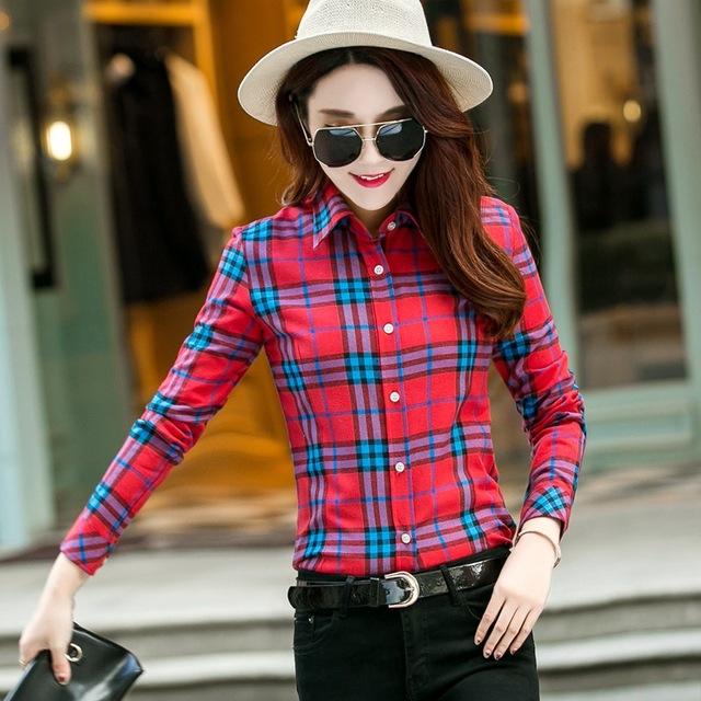 Women's Casual Lapel Plus Size Long Sleeve Plaid Checks Flannel Shirt