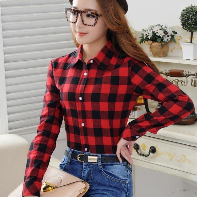 Women's Casual Lapel Plus Size Long Sleeve Plaid Checks Flannel Shirt