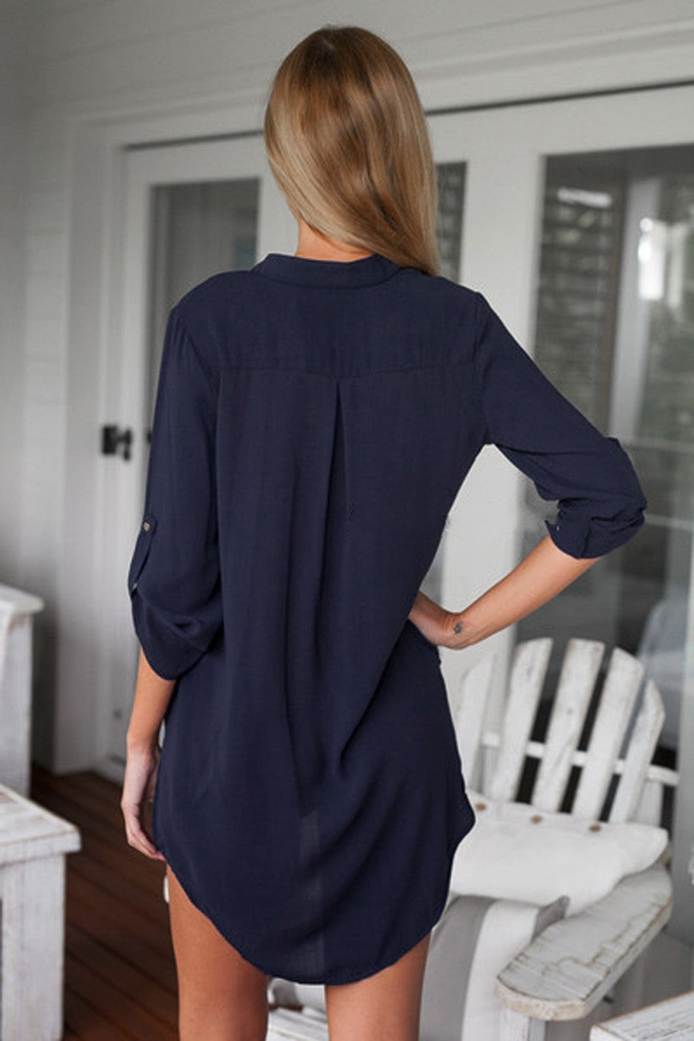 Women's Cotton Polyester Long Sleeve V Neck Loose Casual Solid Tunic Shirt