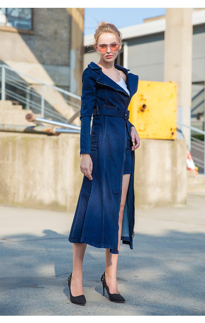 Women's Long Mid-Calf Turn-down Collar Trench Dress with Belt