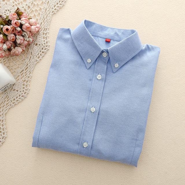 Women's Oxford Long Sleeve Solid Casual Blouse with Buttons and Collar