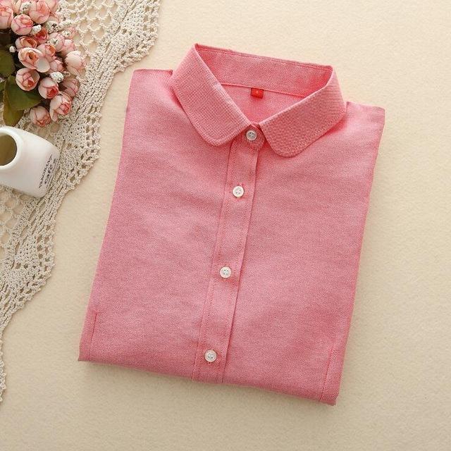 Women's Oxford Long Sleeve Solid Casual Blouse with Buttons and Collar