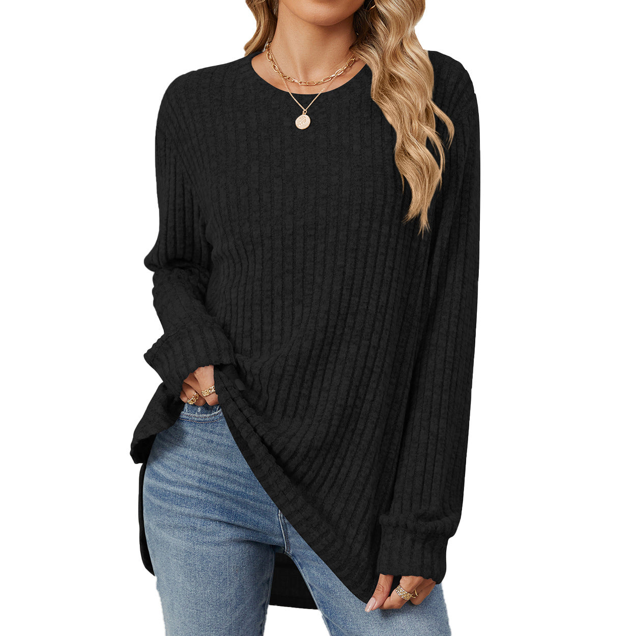 Round Neck Brushed Long Sleeve T-shirt Top For Women