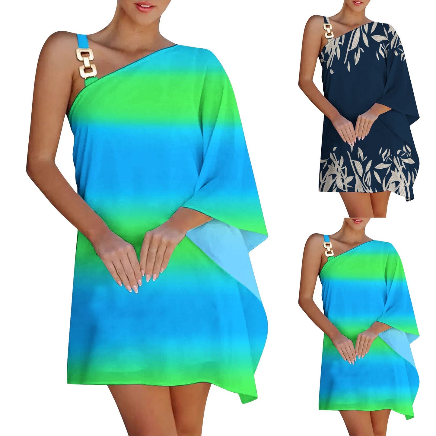 Women's Printed Chain Strap Half Off-shoulder Dress