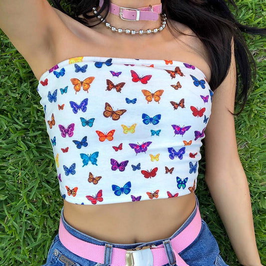 One-word collar butterfly print wrapped chest T-shirt vest female