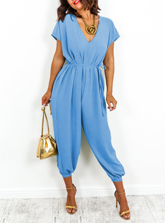 Women's V-neck Lace-up Waist Harem Pants Wide Leg Pants