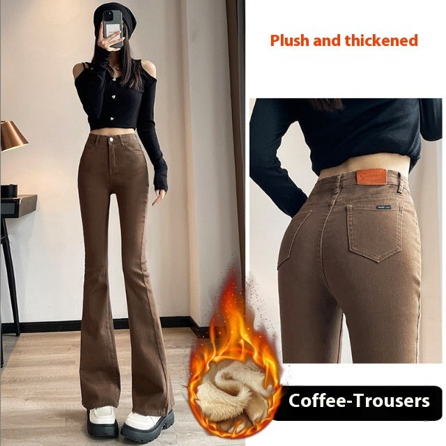 Weila Fleece Padded Jeans Female High Waist Flared Pants