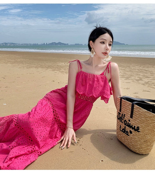 Real Shot Ruffled Stitching Heavy Industry Sling Dress Vacation