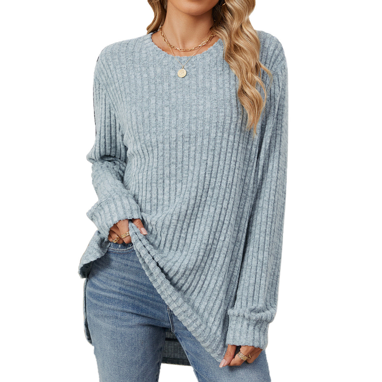 Round Neck Brushed Long Sleeve T-shirt Top For Women