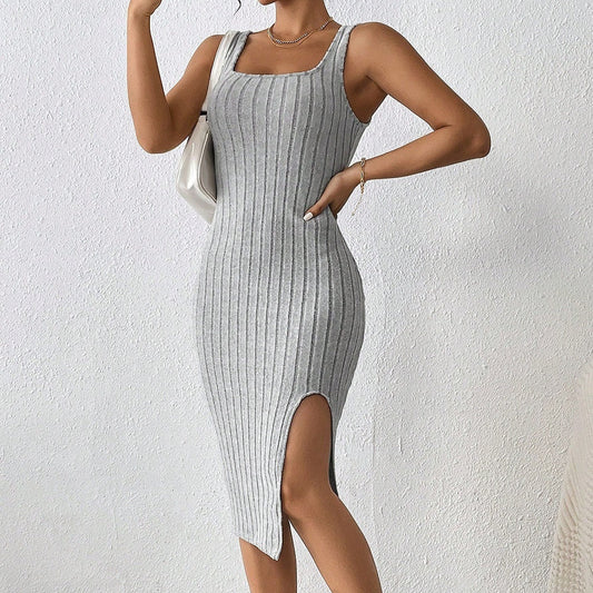 Rib Fabric Slit Solid Color Sling Slim Fit Long Dress