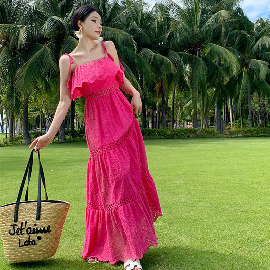 Real Shot Ruffled Stitching Heavy Industry Sling Dress Vacation