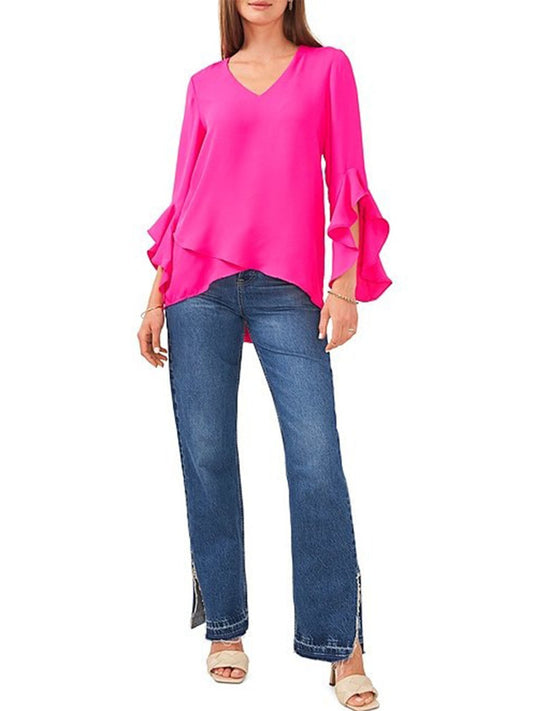 Women's V-neck Irregular Solid Color Knitted Shirt