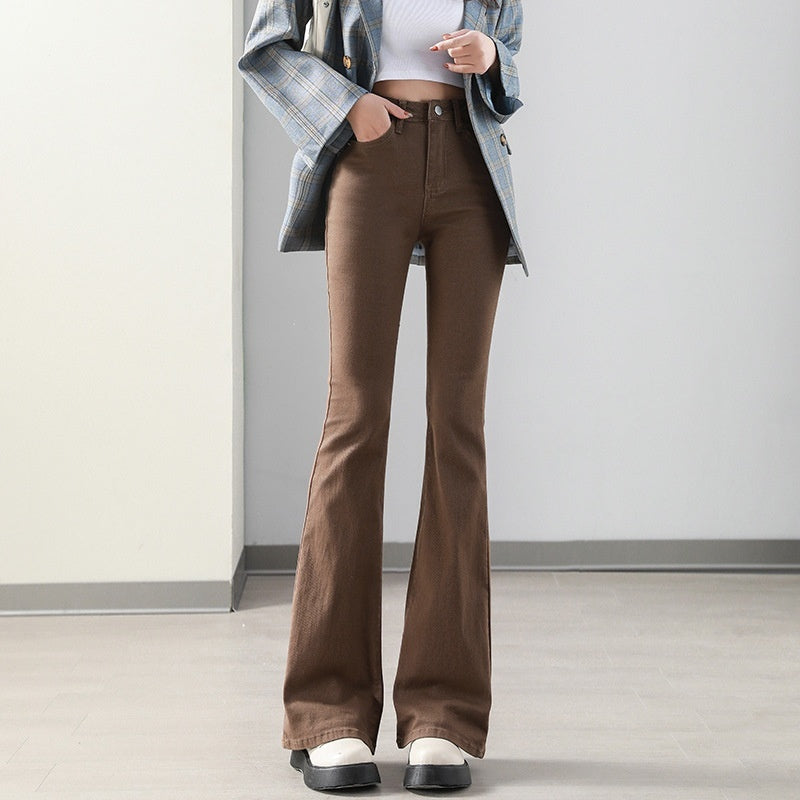Weila Fleece Padded Jeans Female High Waist Flared Pants