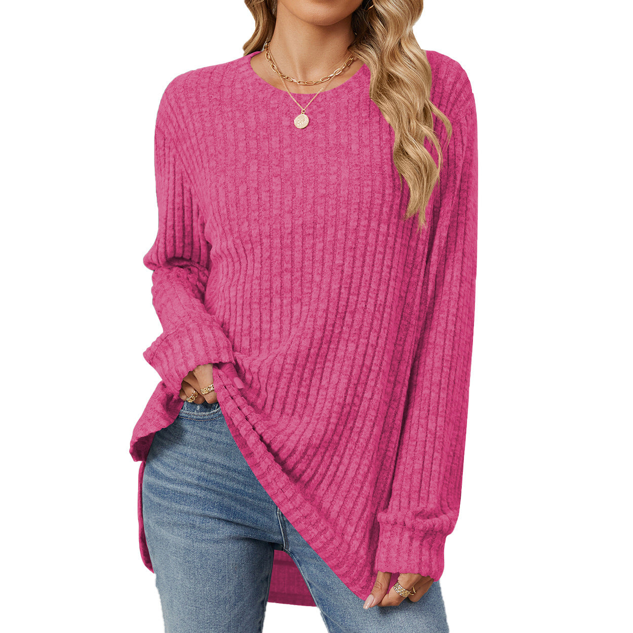 Round Neck Brushed Long Sleeve T-shirt Top For Women