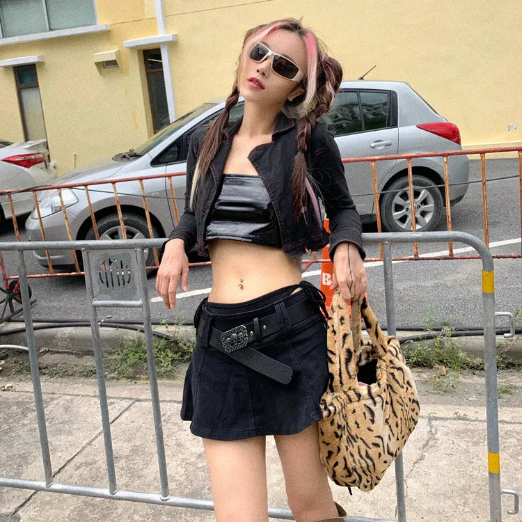 Women's Punk Gothic Style Low Waist Solid Pattern Denim Mini Skirt